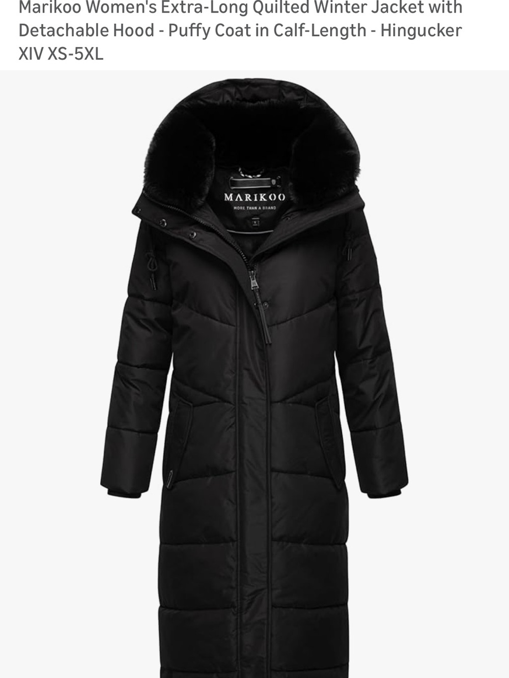 Women's Black Extra-Long Quilted Puffer Coat with Faux-Fur Trim